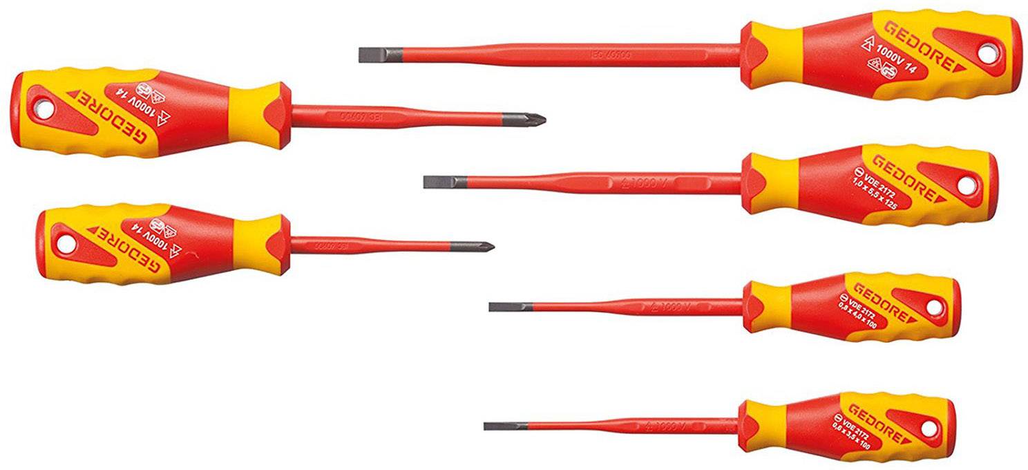 Six isolated screwdrivers, red-yellow, with different blade shapes and sizes, for safe work on electrical equipment.