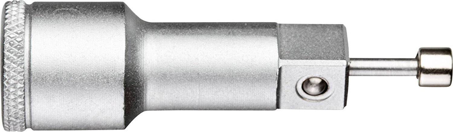 Metal adapter with a round handle and hexagonal tip, suitable for tool fixings.