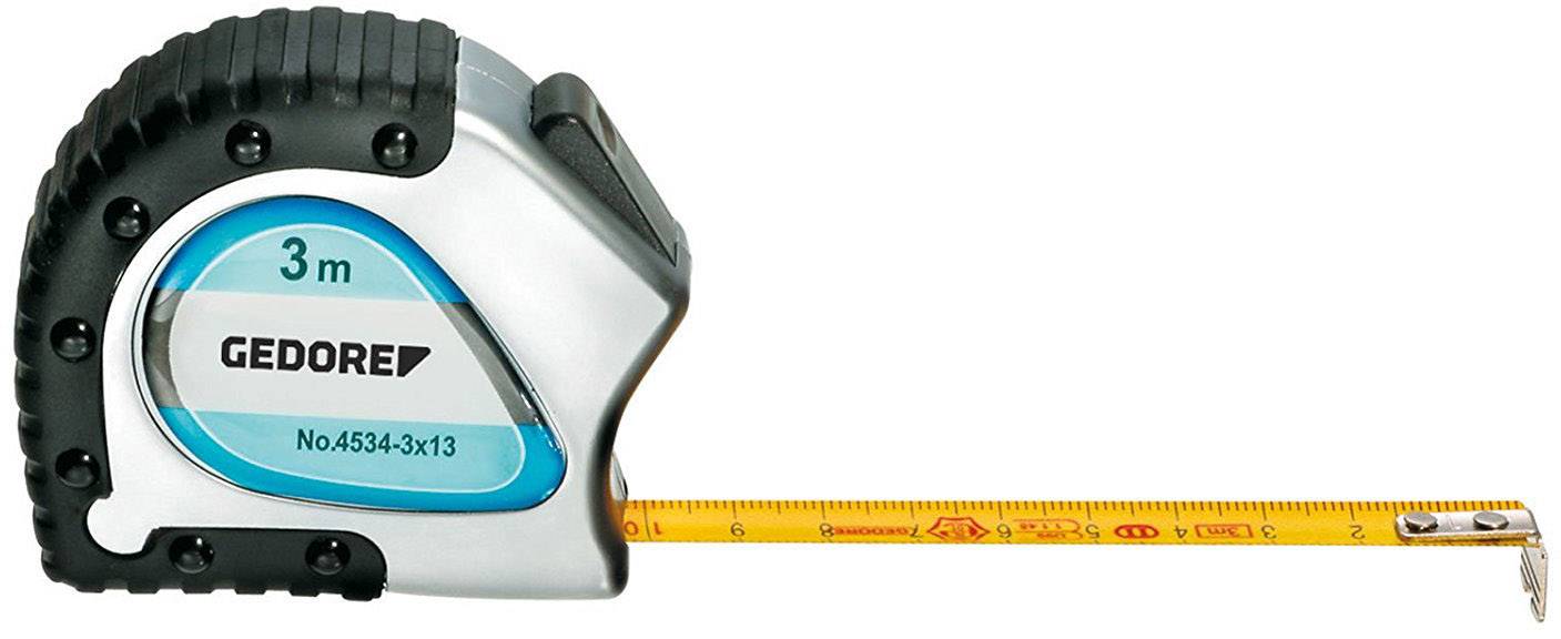 A silver and black measuring tape with a length of 3 metres, extended on a smooth surface.