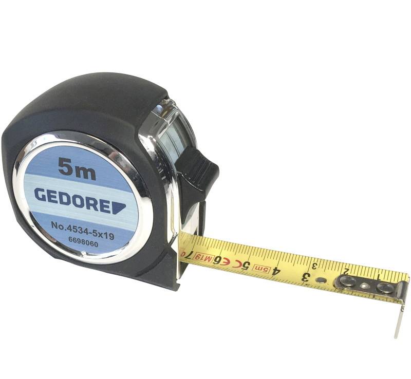 A black tape measure with a blue inscription '5m GEDORE' on the side and extended yellow scale.