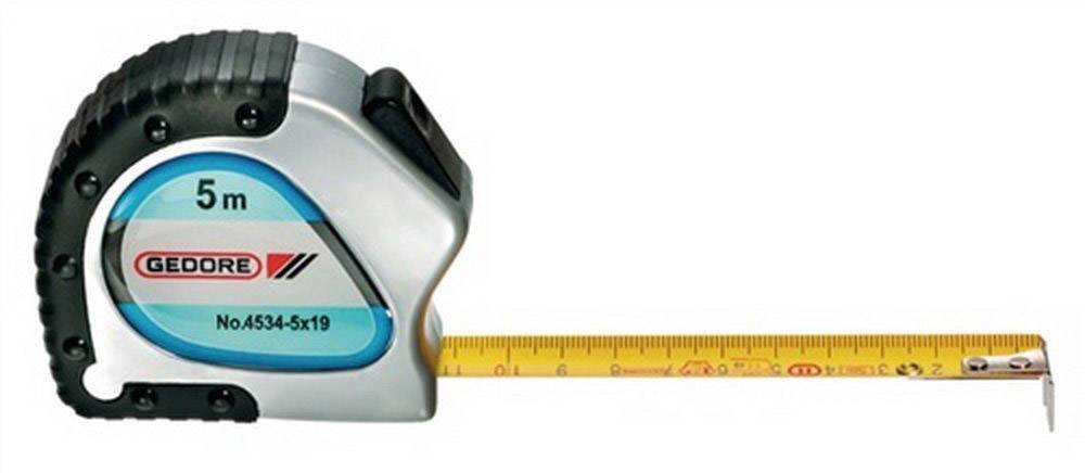 A 5-metre measuring tape unrolled, featuring a yellow tape and a black, ergonomic handle.