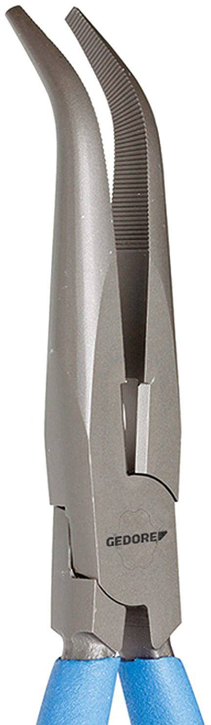 Needle-nose pliers with blue handles, marked with 'GEDORE'. The pliers have curved, toothed tips for precise gripping of small objects.