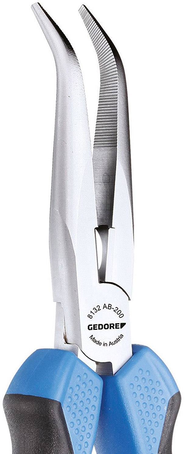 A curved needle-nose pliers with blue handles and curved jaws.