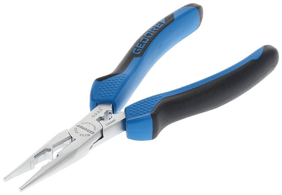 A blue precision pliers with rubber-gripped handles, opened, shows the gripping surface. Ideal for gripping and holding fine workpieces.