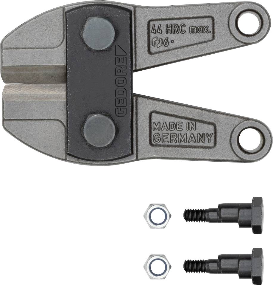 Two blades of a metal bolt cutter with 'Made in Germany' inscription, with two screws and nuts underneath.