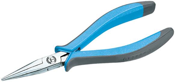 Long pointed pliers with blue handles and a narrow tip, suitable for precise work on small objects or hard-to-reach areas.