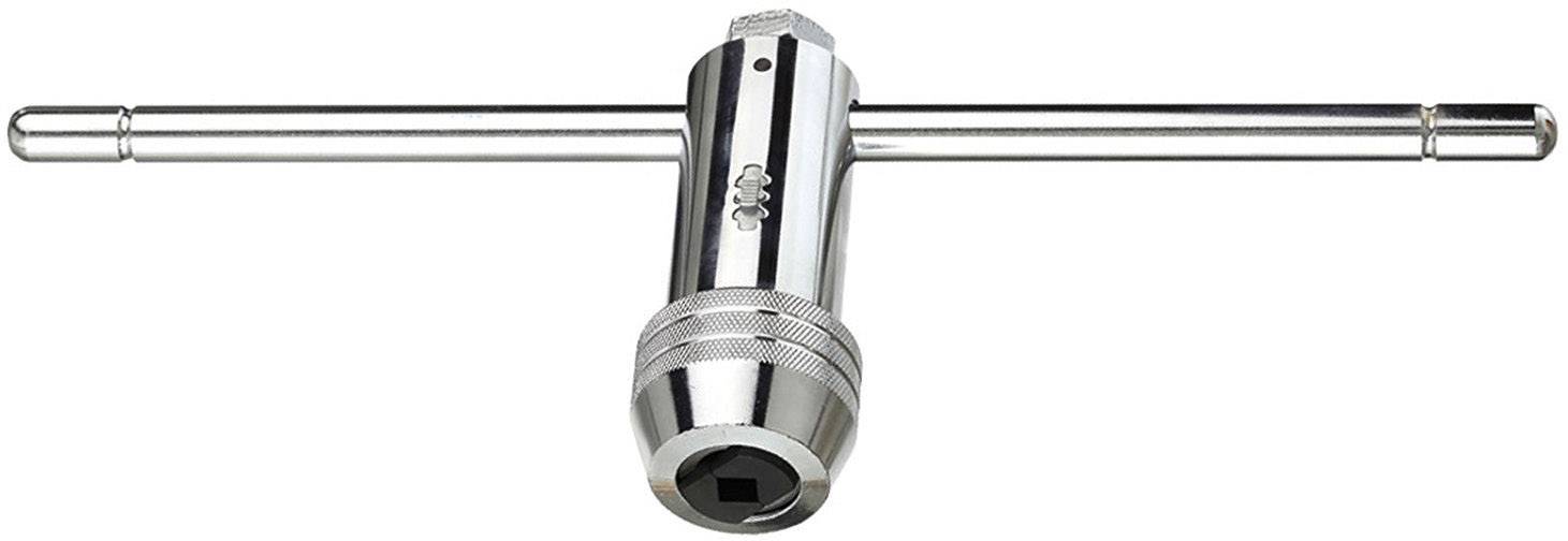 A metal T-handle ratchet tool with a rotatable head used for tightening or loosening screws.