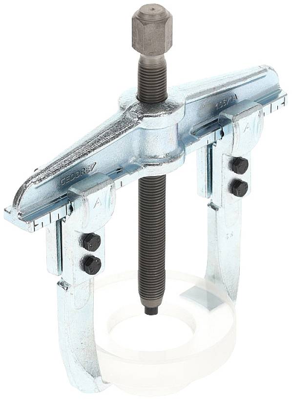 Two-armed metal puller with screw mechanism, used for removing seized parts, such as bearings or gears.