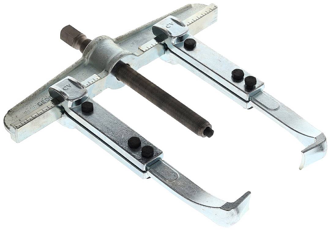 Two-legged metal puller with adjustable arms and a central screw, used for removing bearings or pulleys.