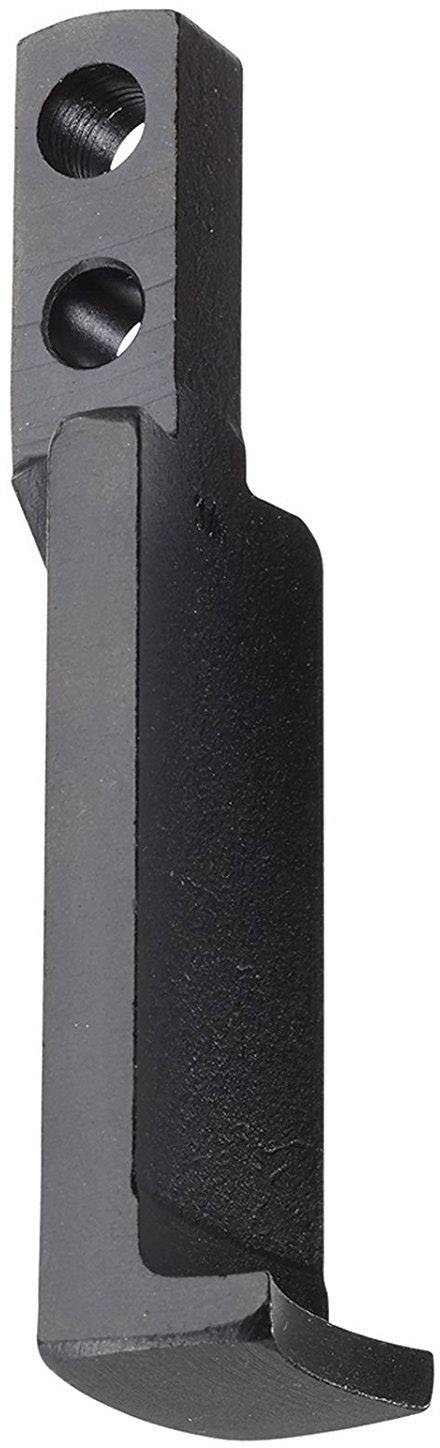 A black, metallic spare part with two screw holes. It is oblong and has a curved edge at one end.