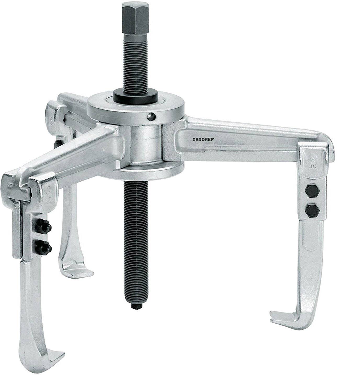 A three-legged metal puller with a central spindle and screw head, used for removing bearings or gears.