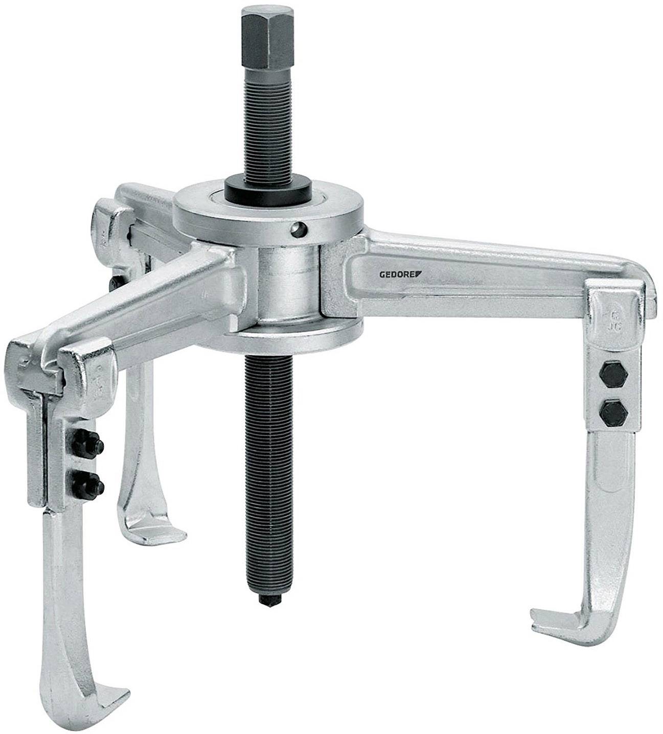 A three-legged puller with a screw mechanism, used for removing bearings or gears from a shaft.