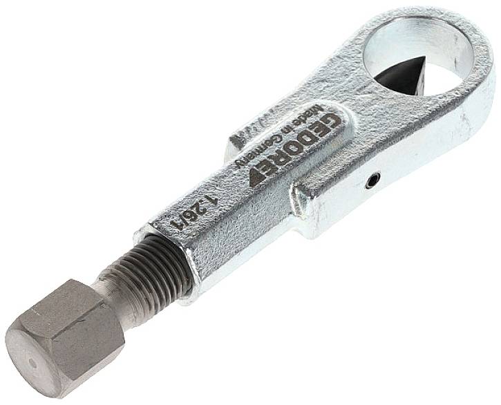 A silver bolt cutter with a threaded screw and a sharp blade for cutting through nuts.