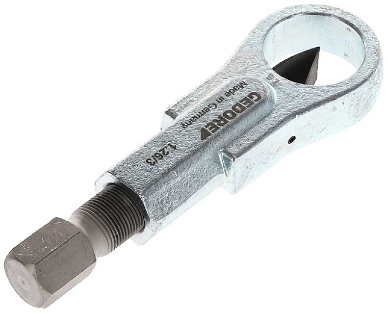 A silver pipe cutter by George, used for precision cutting of metal pipes, with a black cutting insert.
