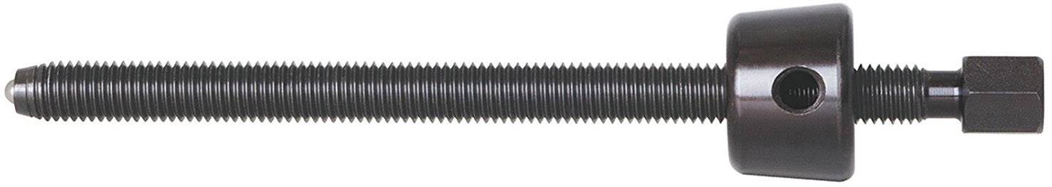 Black screw with nut and thread, viewed from the side, on a white background. Suitable for machinery or construction applications.