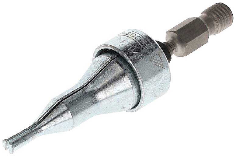A metallic tool with an elongated, tapering form, positioned sideways, against a white background.