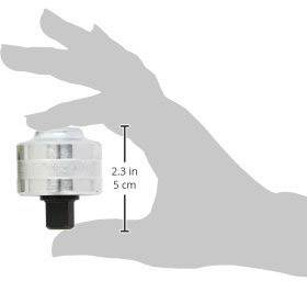 A hand is holding a round, metallic tool that is 5 cm high. It shows the size compared to the hand.