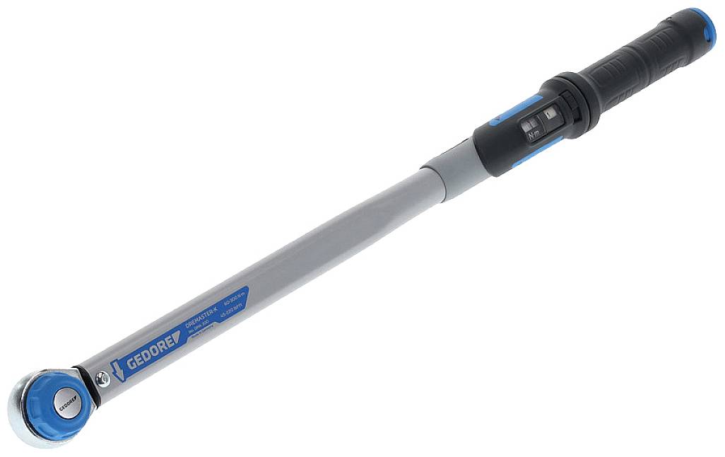 Digital torque wrench with digital display, blue and black, for precise torque measurement and bolt securing.