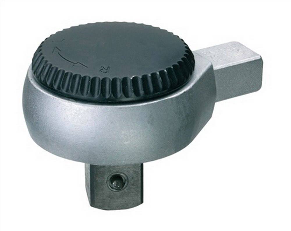 A silver ratchet adapter with a black handle that can be rotated clockwise and anti-clockwise.