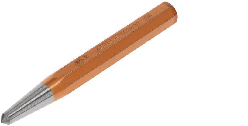A metallic orange-coloured point marker, tapering to a point, with a knurled handle for precise marking of points on metal surfaces.