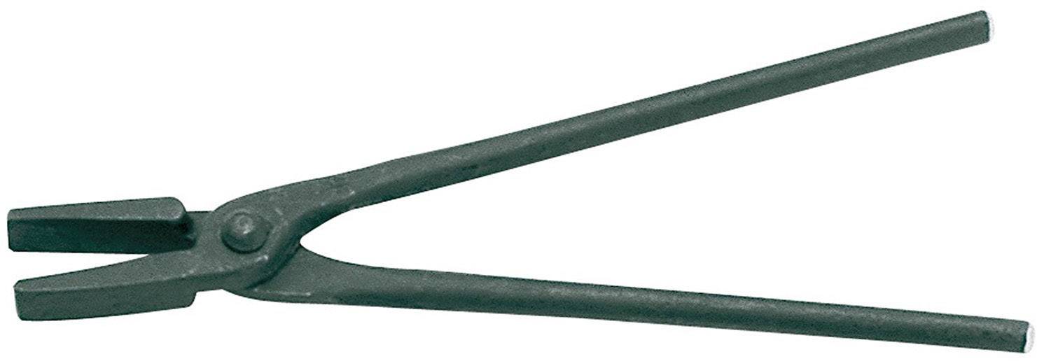A black blacksmith's tongs with long handles and a flat jaw, typical for gripping hot metal pieces in metalworking.
