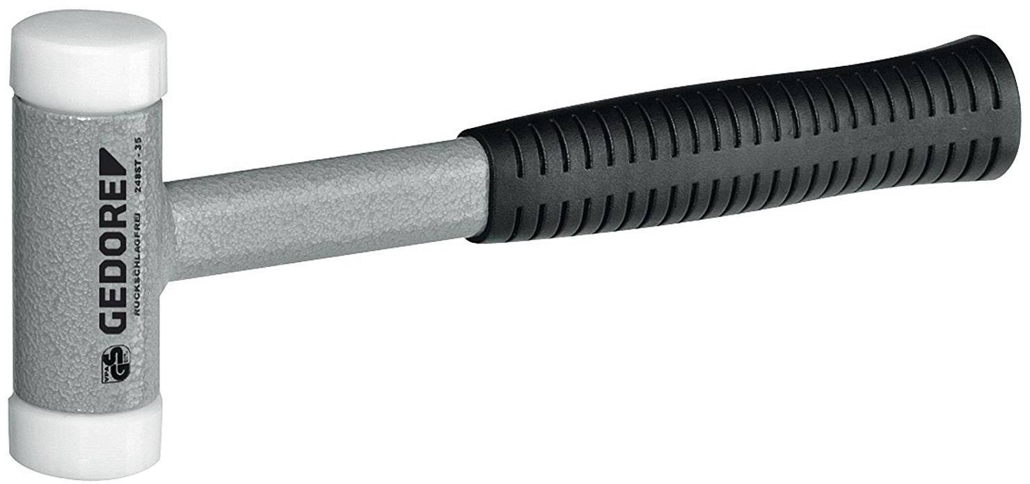 Rubber hammer with grey handle and white head, 'GEDORE' brand. Suitable for gentle work on delicate surfaces.