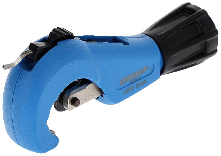 A blue pipe cutter with a black handle and blade, suitable for cutting pipes in various sizes.