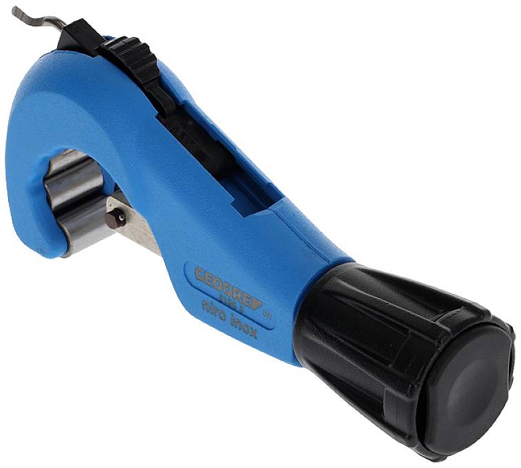 Blue pipe cutter with black handle, used for precise pipe cutting.