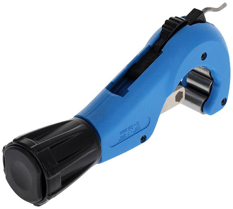 A blue pipe cutter with a black handle and blade, used for cutting metal pipes.