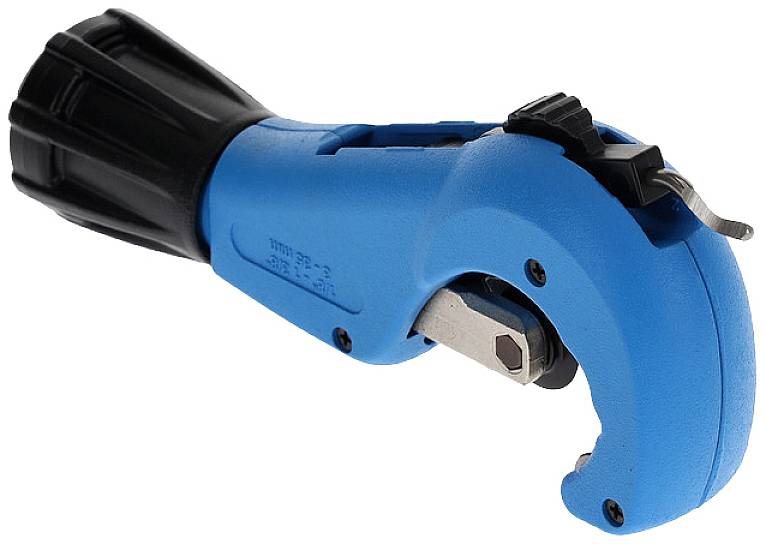 Manual pipe cutter made of blue plastic with a black handle, used for precisely cutting metal pipes on a small scale.