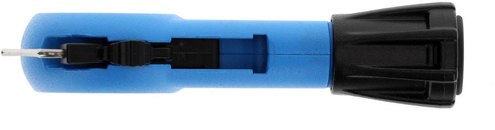 A blue-black plastic cable stripper with an exposed metal blade, used for safely stripping cables.