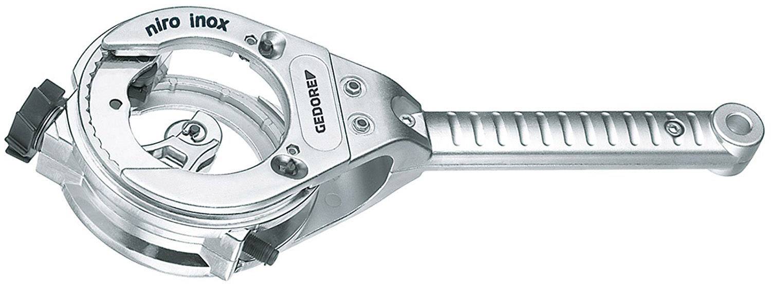 A silver tool with a handle used for tightening cable ties. 'GEDORE' and 'niro inox' markings are visible.