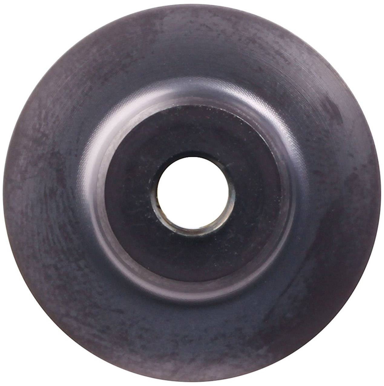 Black metal wheel with a central hole, symmetrical and circular. Surface structure is uniformly smooth.