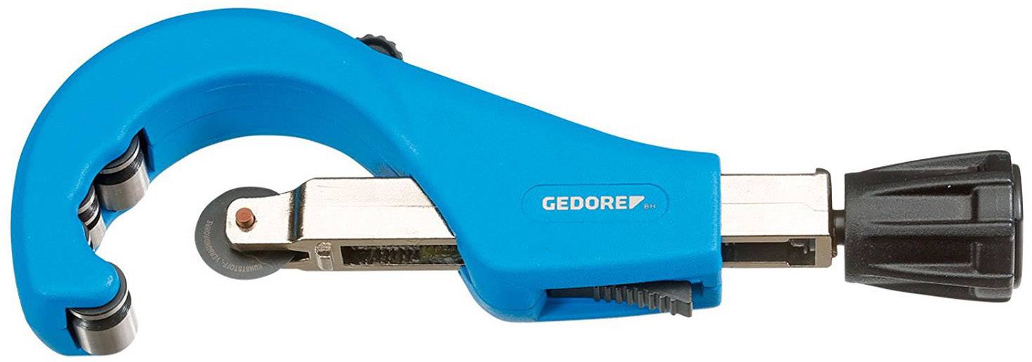 Blue pipe cutter with a black rotating handle at one end and a cutting wheel on the other side. Tool for pipe processing.