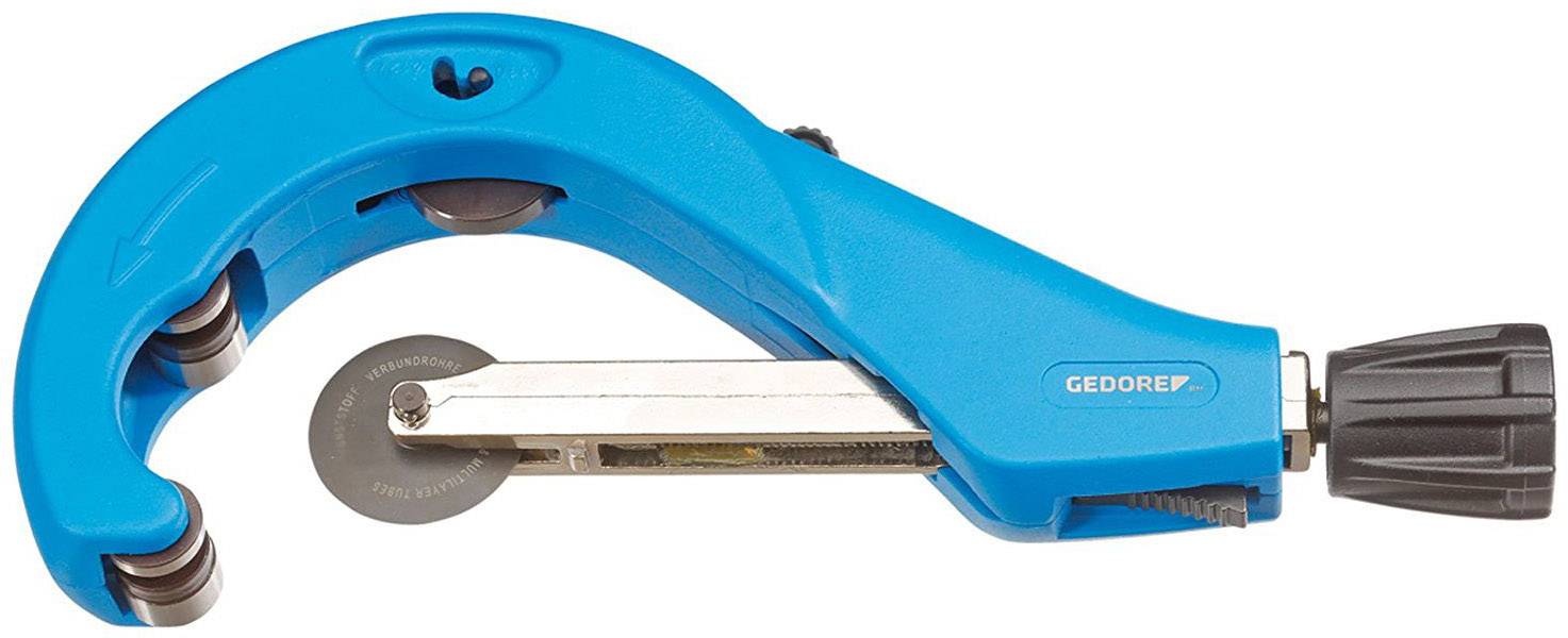 A blue pipe cutter with a black handle, used for precise pipe cutting.