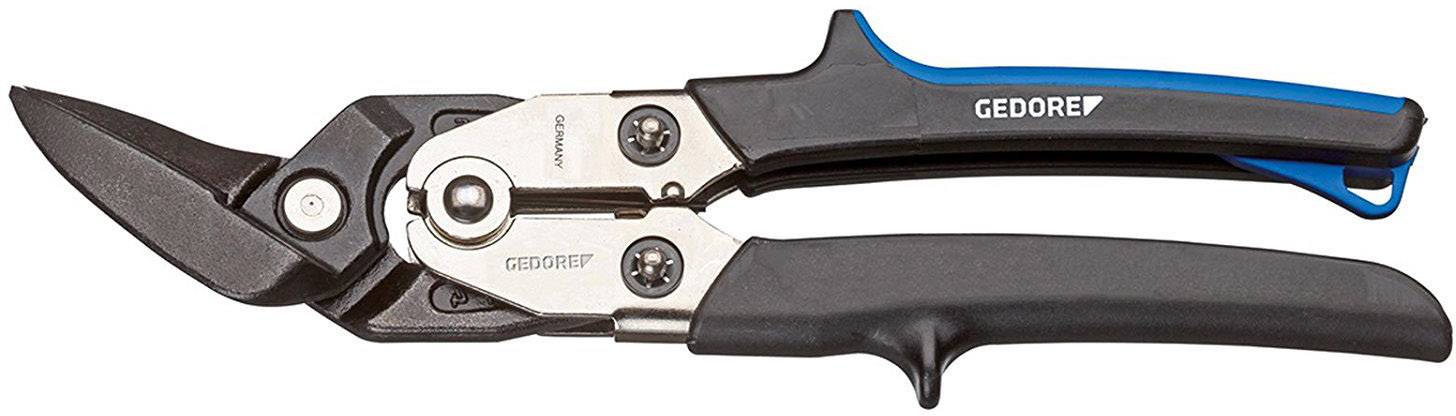 Tin snips, Gedore brand, with black and blue handles, suitable for cutting metal sheets.