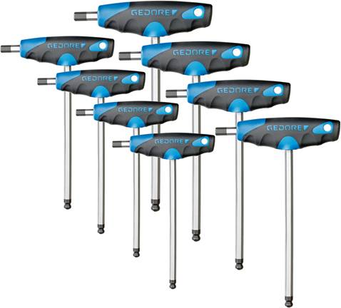 'Set of 9 T-handle hex keys. Handles are black and blue with 