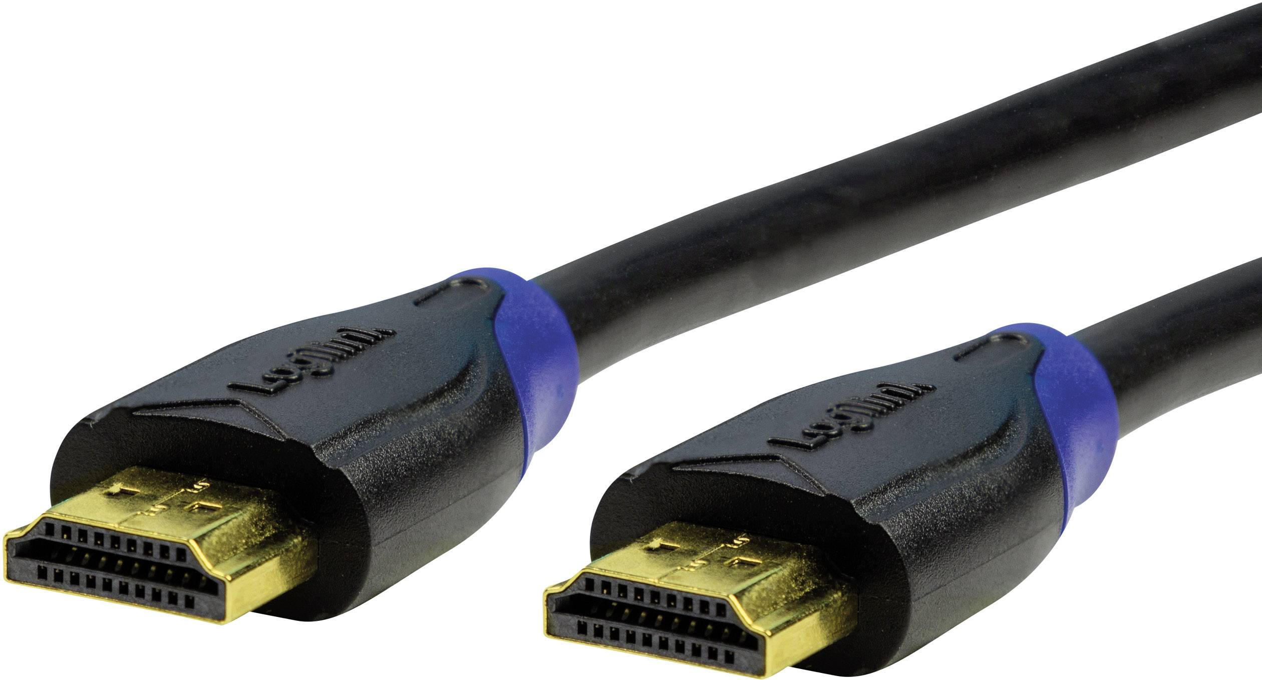 Two black HDMI cables with gold-coloured plugs and blue markings on the connections, lying side by side.