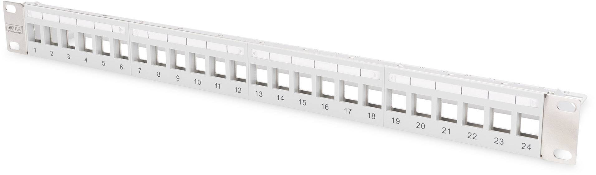 Patch panel with 24 numbered connection ports, mountable in a server rack; used for network cabling.