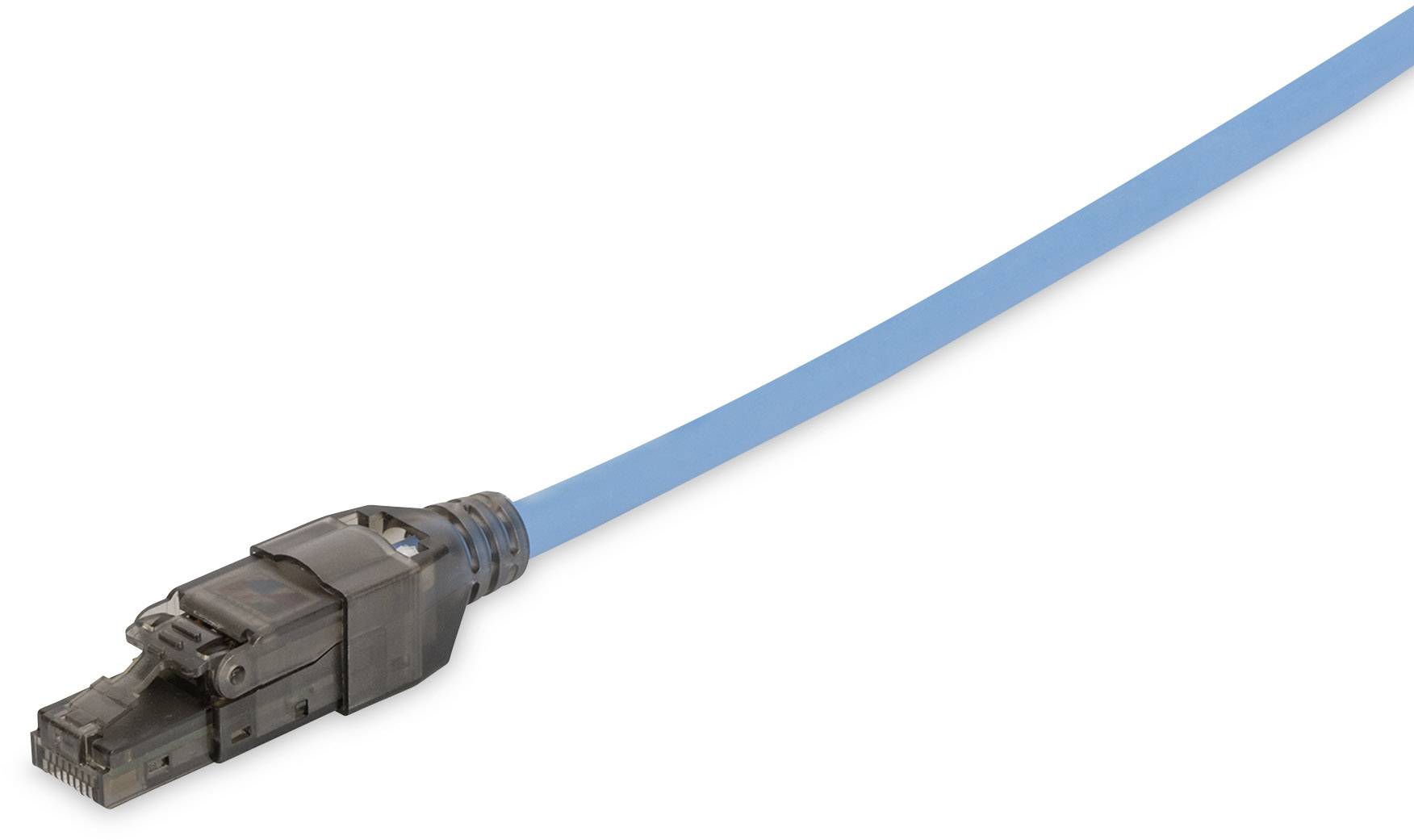 A single LAN cable with a blue jacket is visible, running from left to right and terminating with an RJ45 connector.
