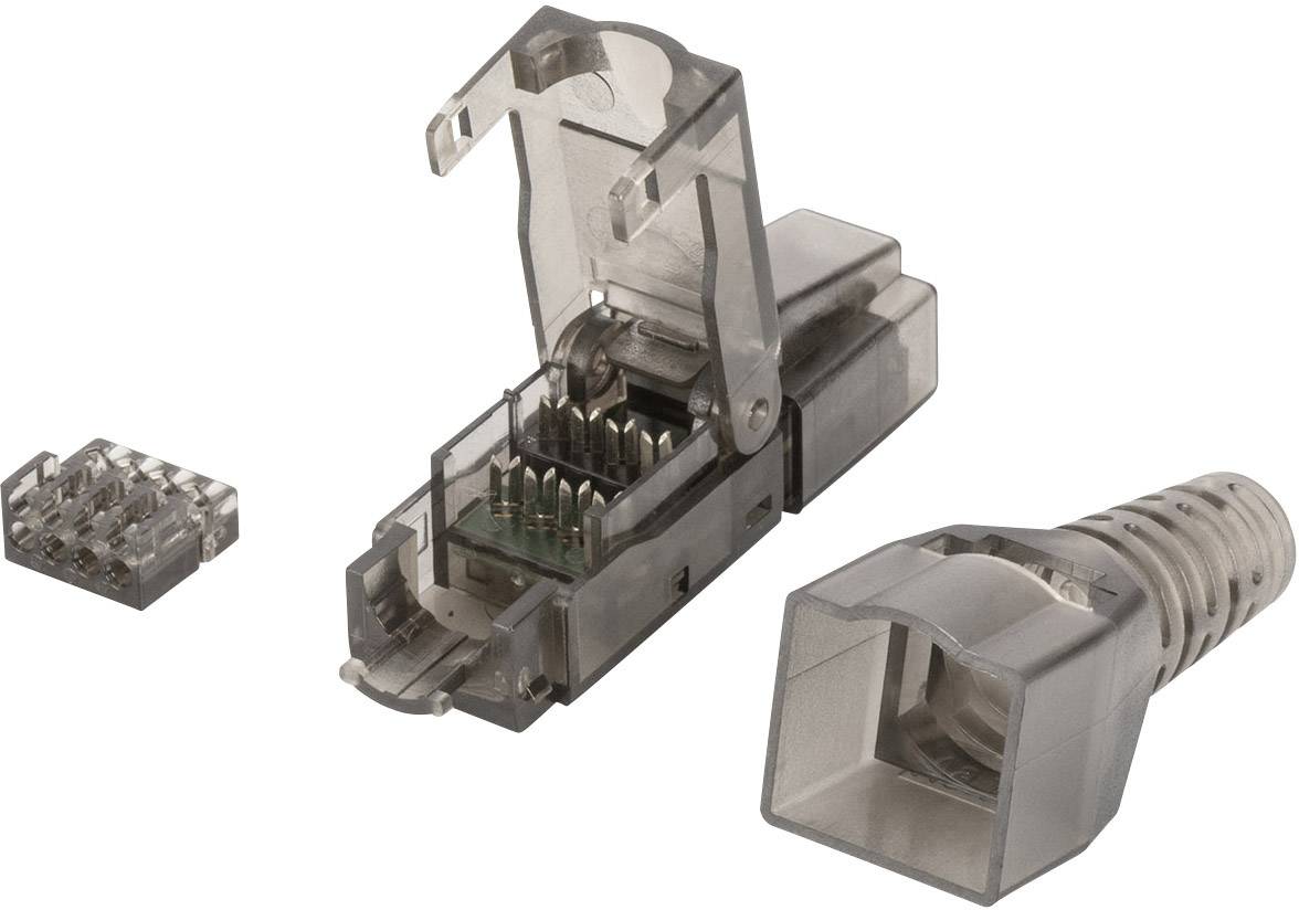 A dismantled RJ45 plug shows its housing, contacts, and cable ends.