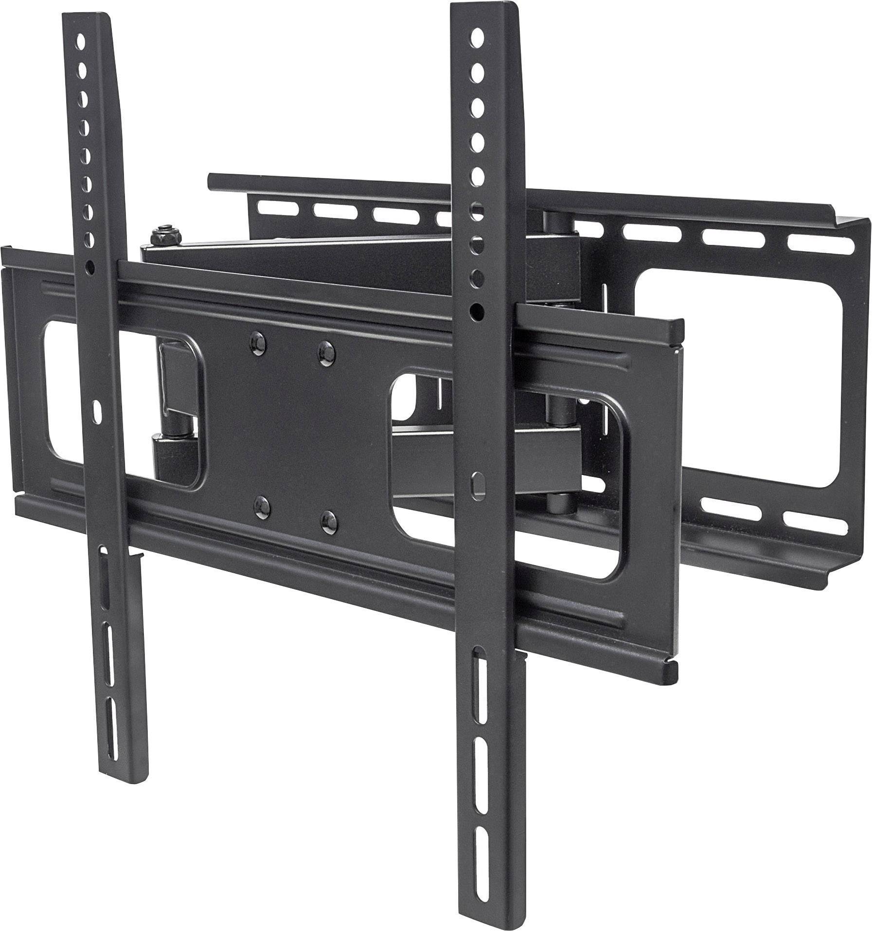 A black, adjustable TV wall mount, suitable for flat screens. It has multiple holes for flexible mounting.