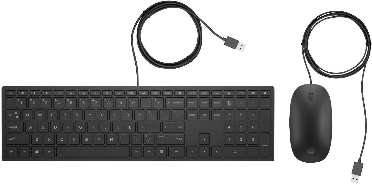 Black wired keyboard and mouse set on a white background. USB ports at the ends of the cables.