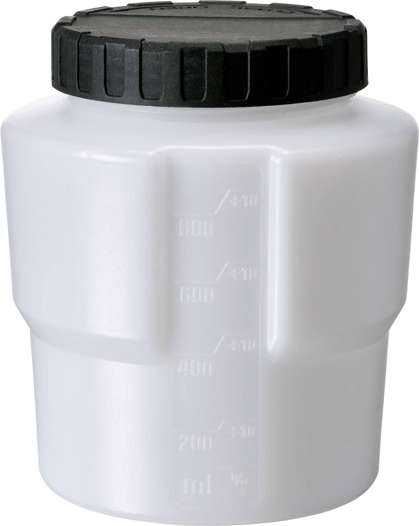 A white plastic container with a black screw lid and embossed scale in millilitres, indicated: 200 to 800 ml.
