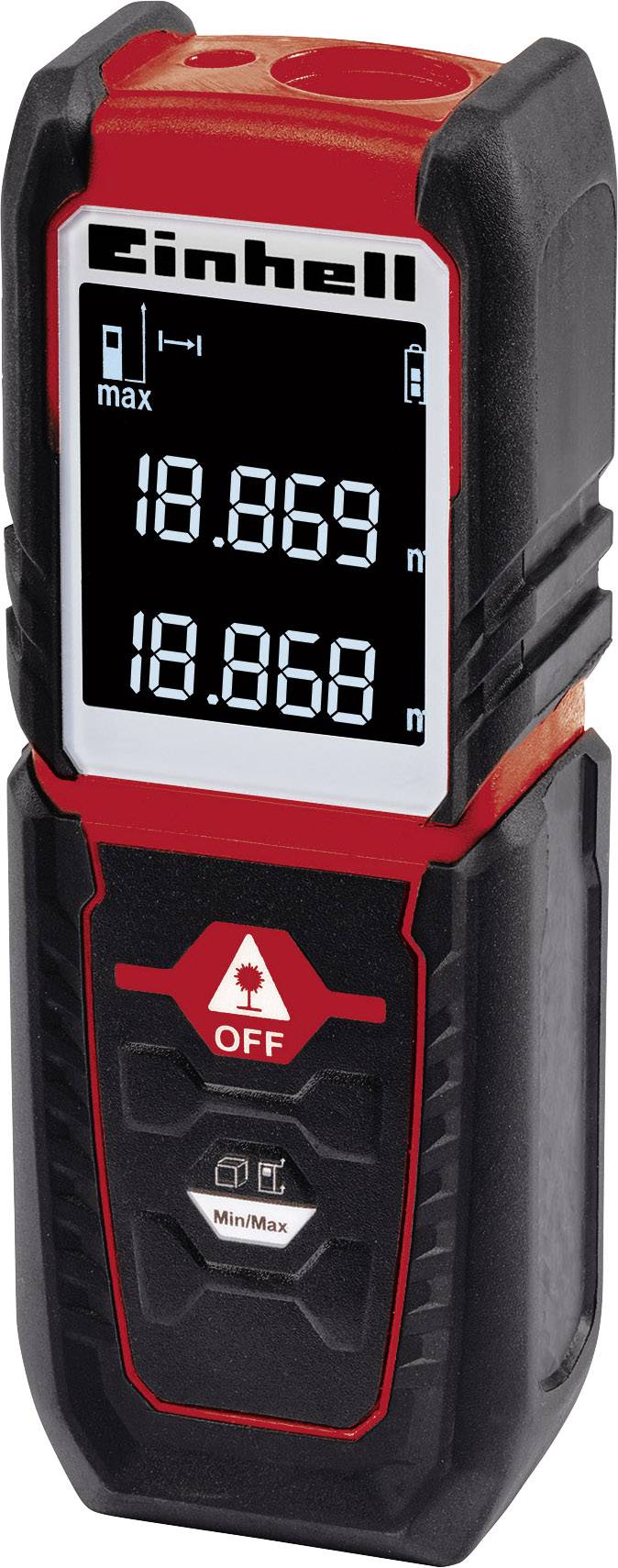 A digital laser distance metre in black and red displays a measured distance of 18.868 metres on the screen.