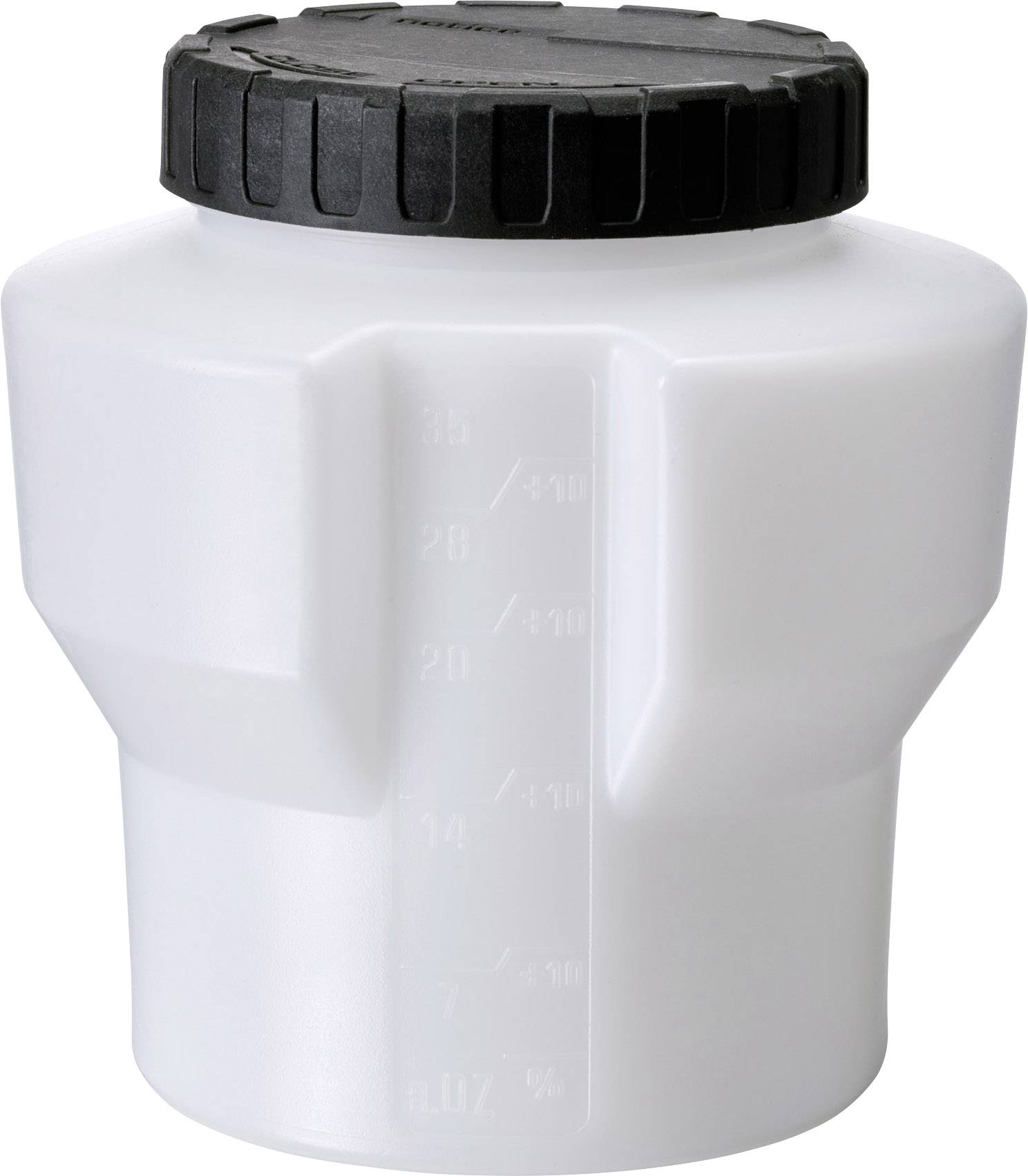 White plastic bottle with a black screw cap. The bottle has a scale on the side marked in ounces and millilitres.