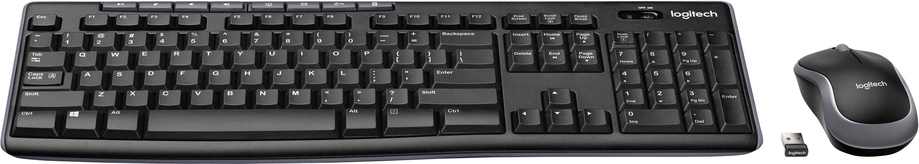 Wireless Logitech keyboard with mouse and USB receiver. Compact combination for computer use.