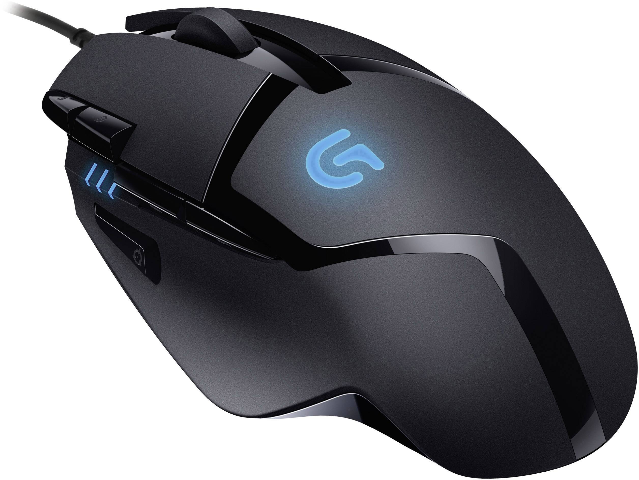 A black gaming mouse with multiple buttons and a glowing blue logo on top, side view.