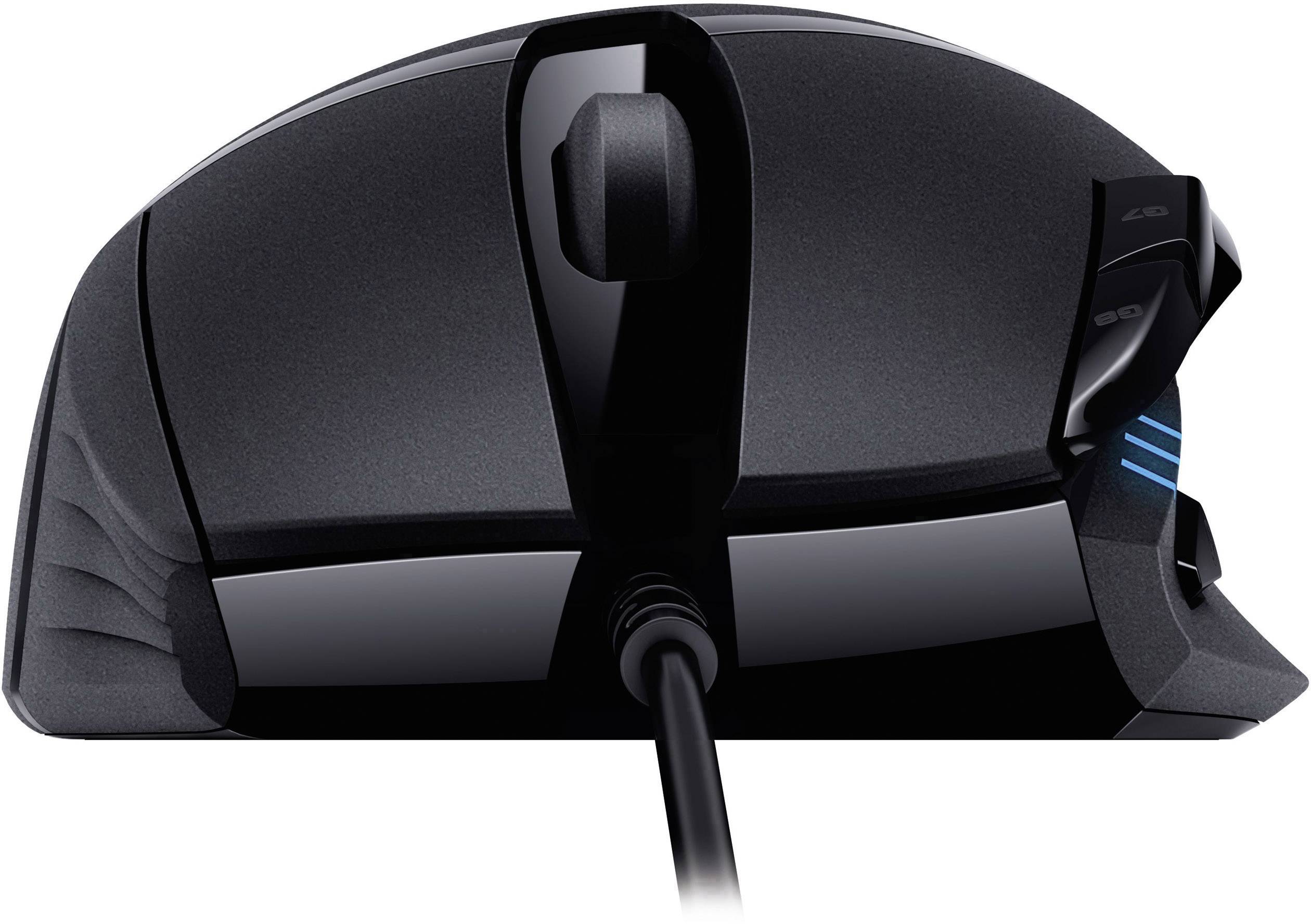 A black gaming mouse with side buttons and a textured grip, wired connection.