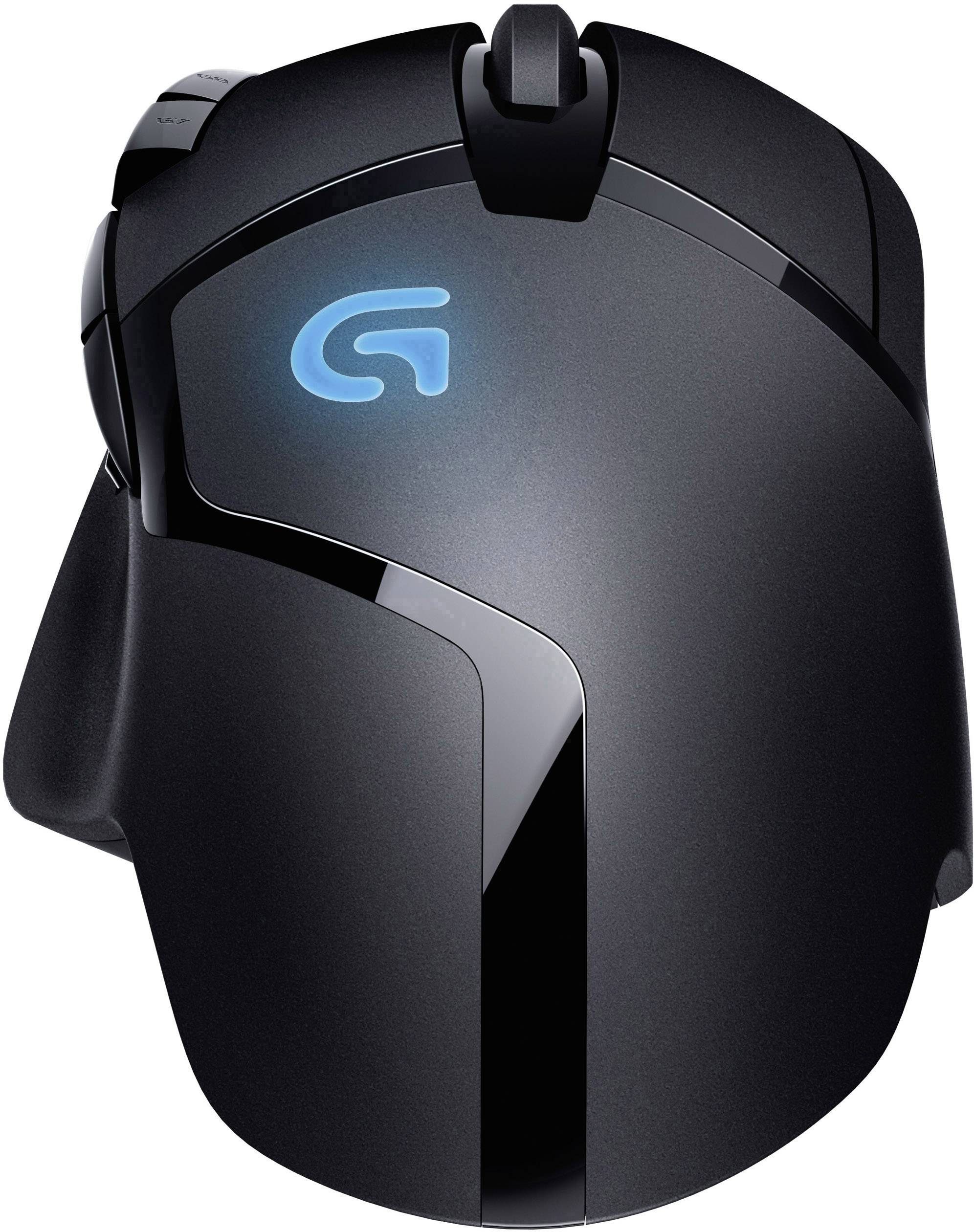 Black gaming mouse with blue illuminated logo on the top surface and ergonomic design. Perfect for precise gaming.